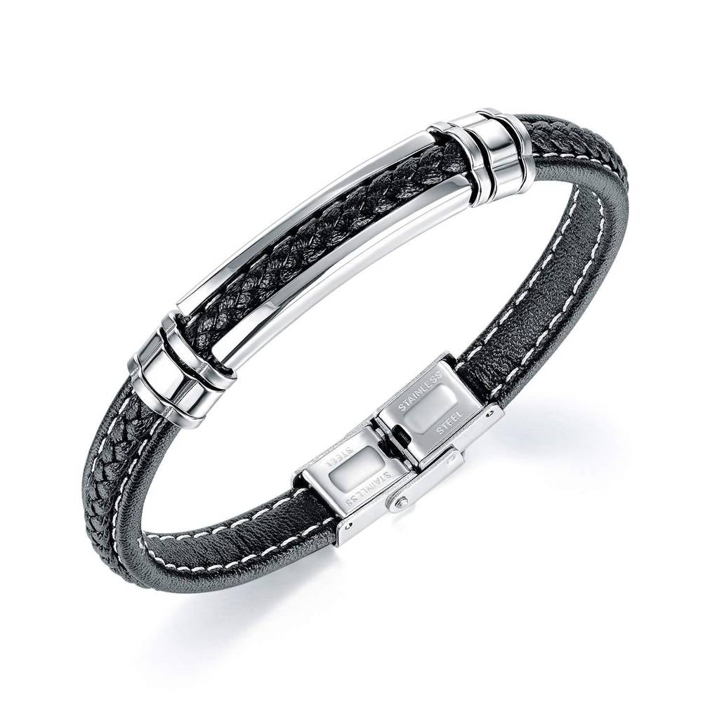 Silver Plated Leather Bracelet Stylish Design Fashion Jewellery For Men & Boys : PX9LB47