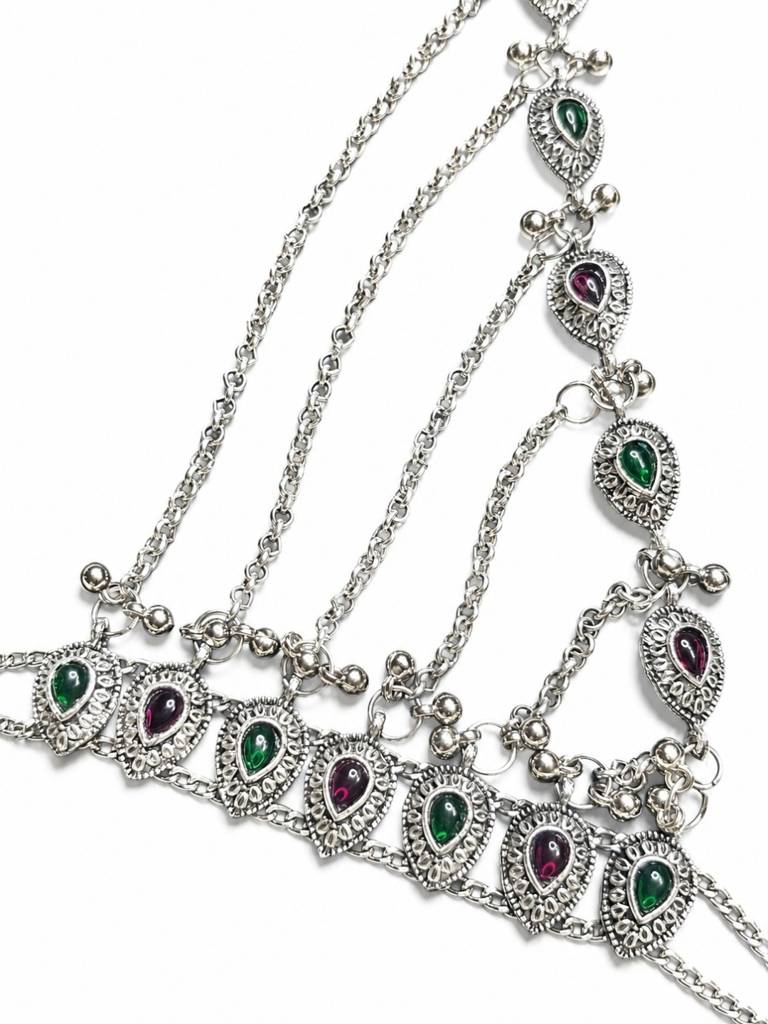 Oxidised Silver-Plated Kundan Stone-Studded Layered Anklet With Toe Ring : VI26ANK10006