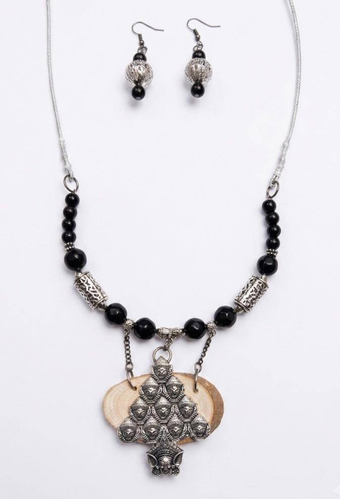 Gulnaar Oxidised Silver Filigree Bead Necklace Set : HM45