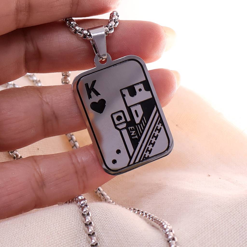 King Of Hearts Playing Card Pendant Necklace For Men | Stainless Steel Silver Chain | Poker Style Fashion Jewelry Fo : LJGN002
