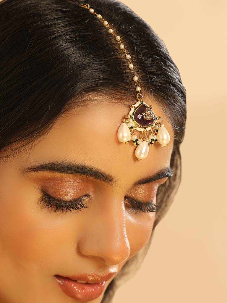 22K Gold Plated Ruby Grace Maang Tikka & Earrings Set : YI24A0450E