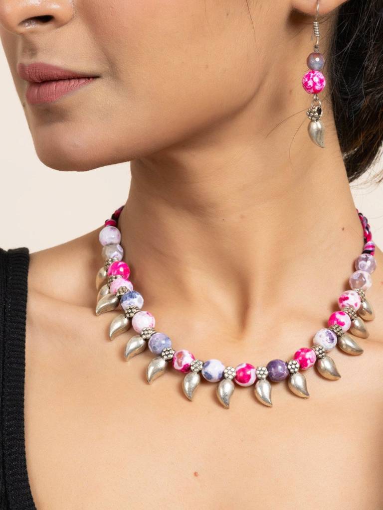 Handmade Semi Precious Pink Purple Onyx Necklace With Mango Charm & Matching Earrings Set For Women : LAANP81