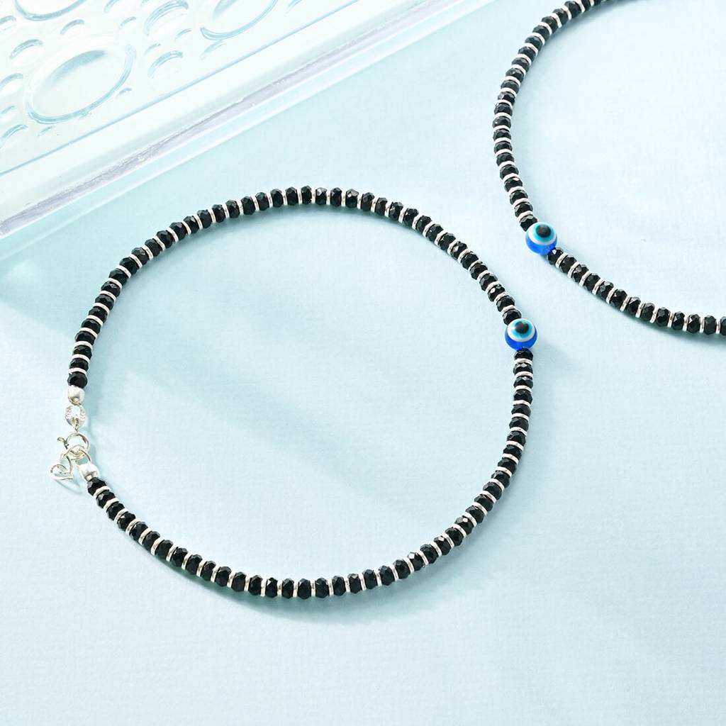 Evil Eye Beads 925 Sterling Silver Anklets : ANK-60011-PAIR