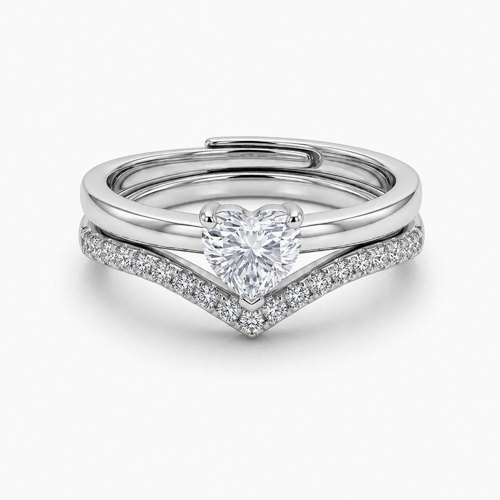 Clear Heart Solitaire & Chevron Pavé Silver Ring Set : SR004