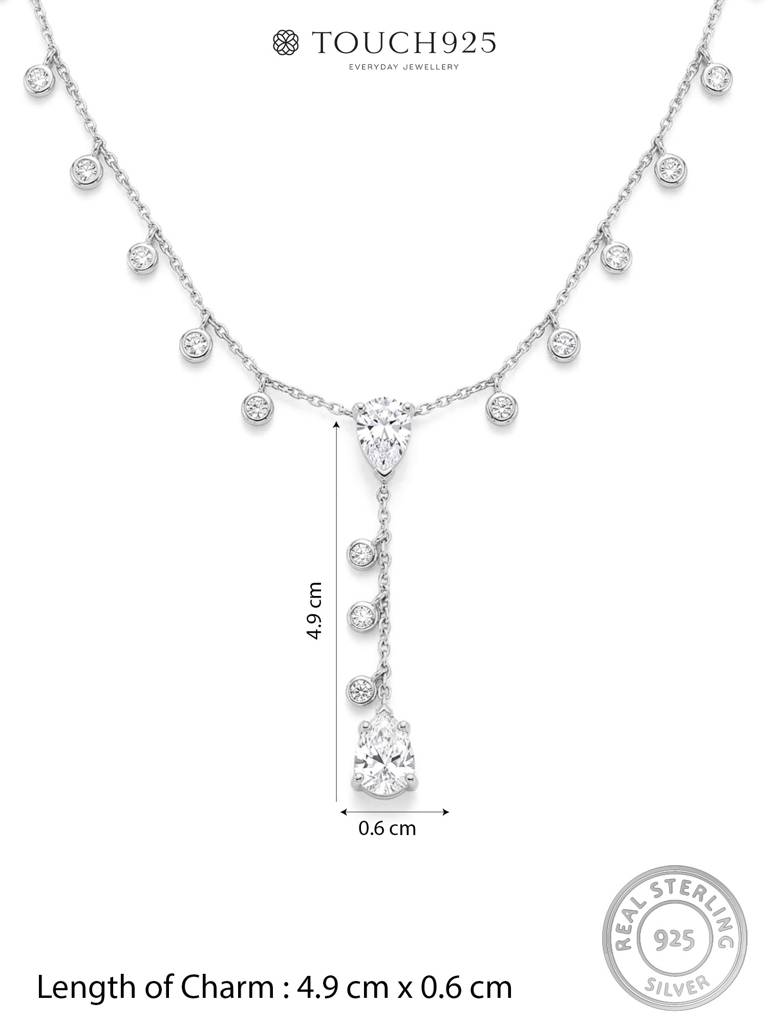 925 Silver Lariat Design With Cz Drop Accents—An Elegant Silver Necklace For Women That Highlights The Neckline Wit : EBNC1994