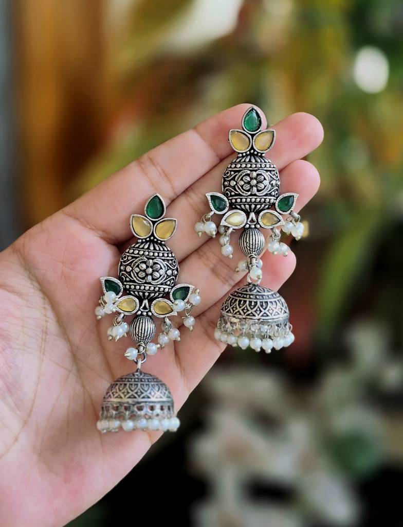Oxidised Silver Aqua & Ruby Pearl Jhumkas : NA_ST_ER_231_2