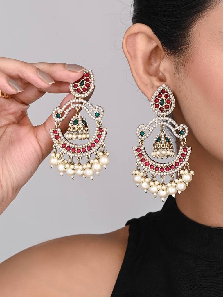 Gold Plated Stone & Beads Chandbali Earring : S24KCER438MLT