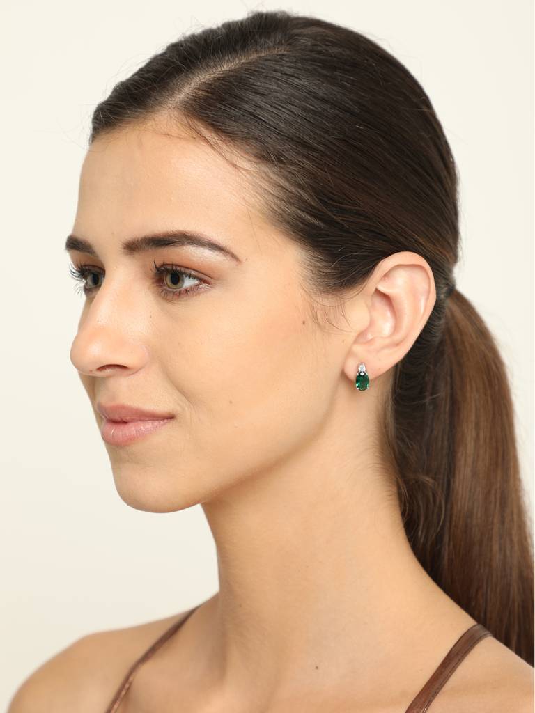 92.5 Sterling Silver Rhodium Plated Swiss Zirconia Dark Green Oval Stud Earrings With Screw Back Gift For Women : CSCLRE5OV_EM