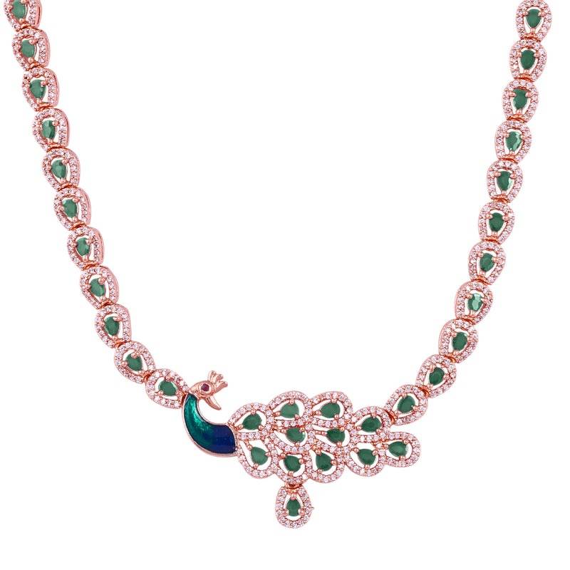 Peacock Accent Cz Sparkle Necklace Set | Rose Gold Plated | Party & Festive Glam : AD-918-RGGNNKER