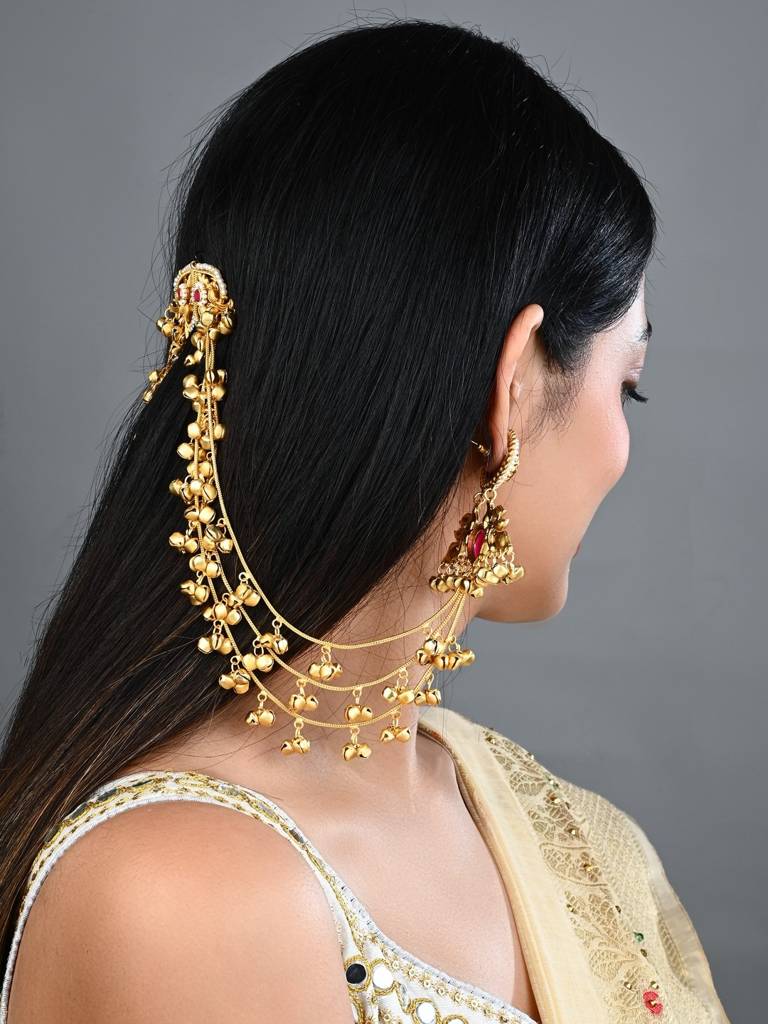 Gold Plated Studs With Ear Chains : S24KCER648RED