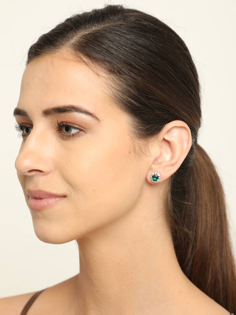 92.5 Sterling Silver Rhodium Plated Swiss Zirconia Dark Green Cushion Stud Earrings With Screw Back Gift For Wo : CSCLRE2CU_EM