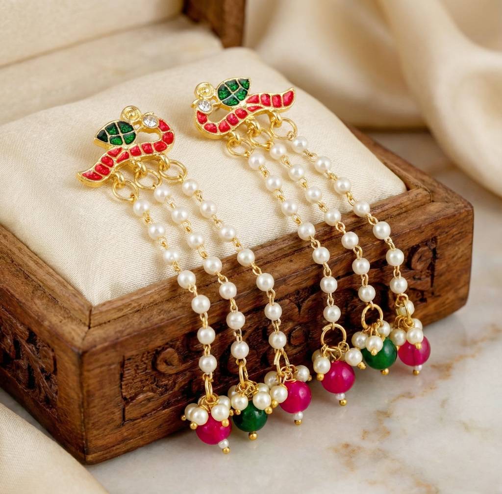 Gold Plated Enamel Bird Design Moti Drop Long Earrings With Magenta & Green Beads Earring : 225-KEG-9881-RG