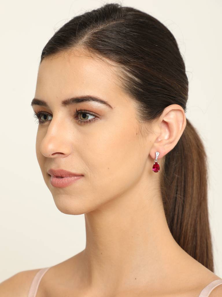 92.5 Sterling Silver Rhodium Plated Swiss Zirconia Blood Red Tear Drop Earrings With Screw Back Gift For Women  : CSCLRE4PR_RU
