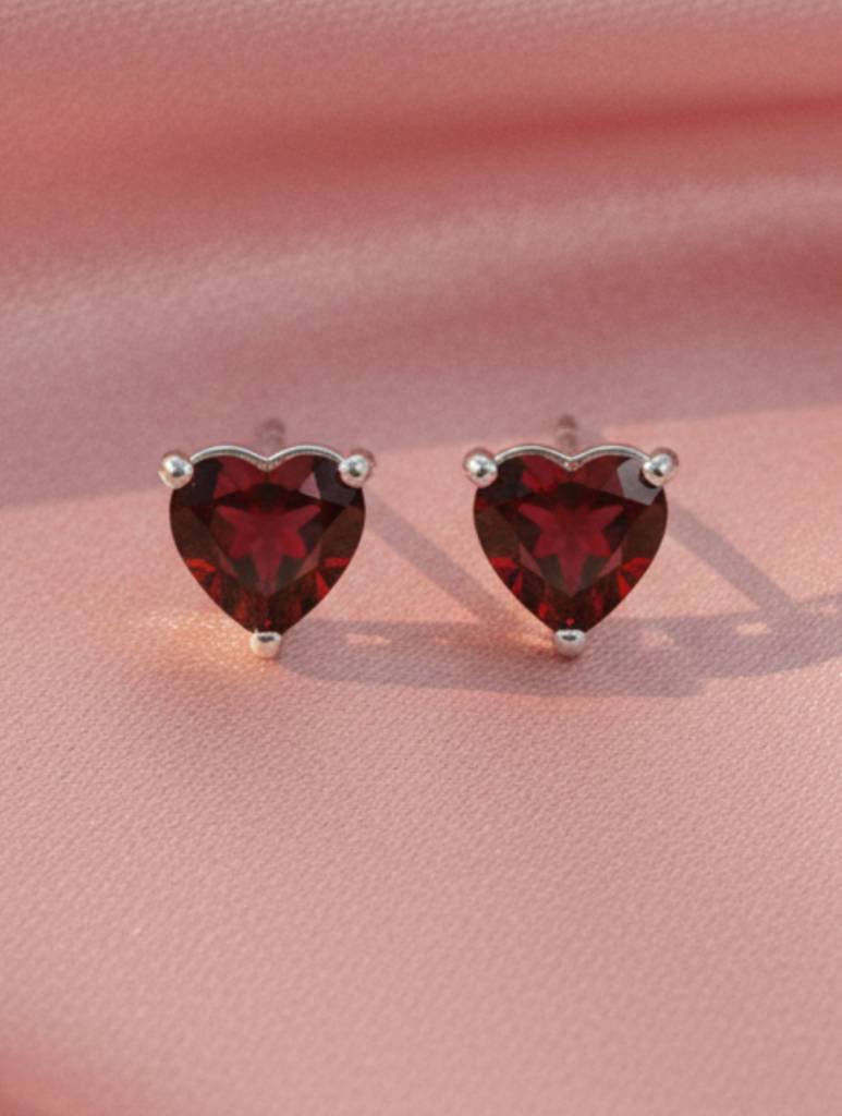 Kicky & Perky Heart-Cut Natural Red Garnet Stud Earrings In 925 Sterling Silver : VSILSME048_G