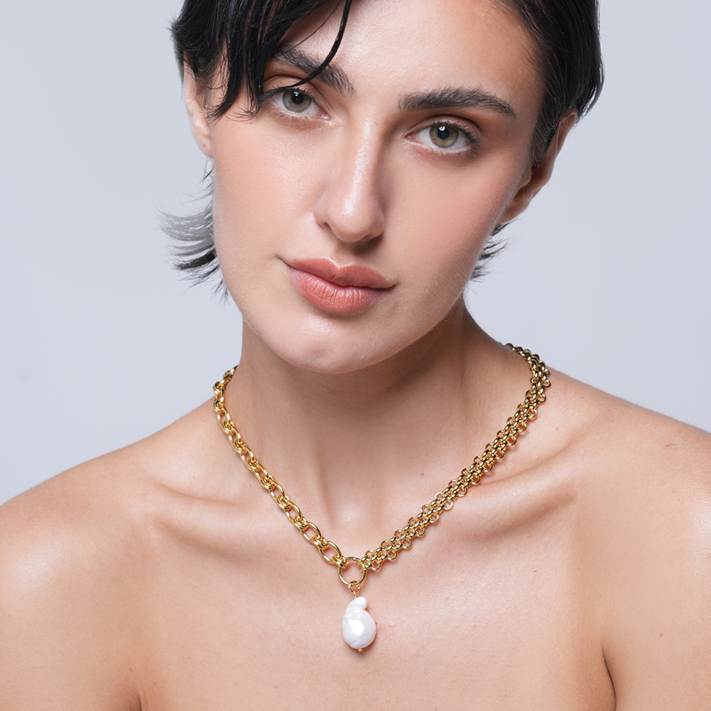 Chunky Chain Pearl Pendant Necklace : CAO0086JND