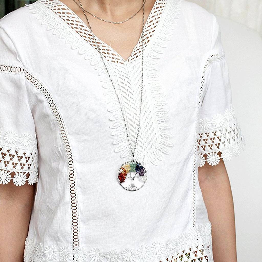 7 Chakra Rainbow Tree Of Life Crystal Wire Wrapped Gemstone Necklace For Women Girls : PFCP75