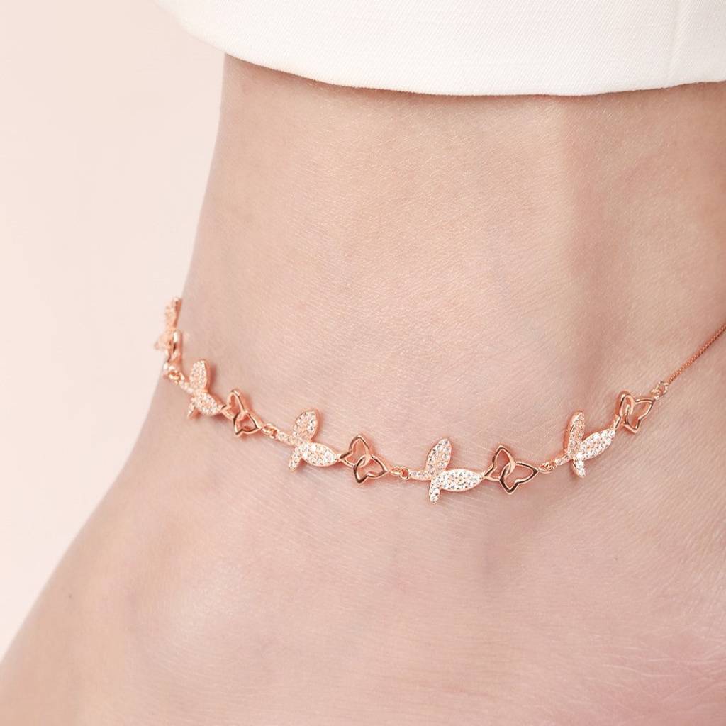 Butterfly Rose Gold Plated Embraced 925 Sterling Silver Anklet : ANK-60375-PAIR-RG