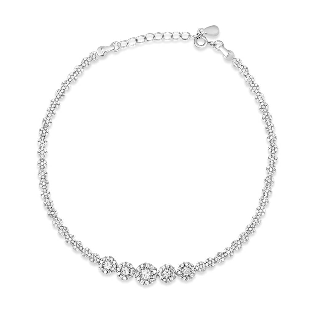 Glimmering Fusion Floral Cz Rhodium Plated 925 Sterling Silver Anklet : ANK-60268-PAIR-R