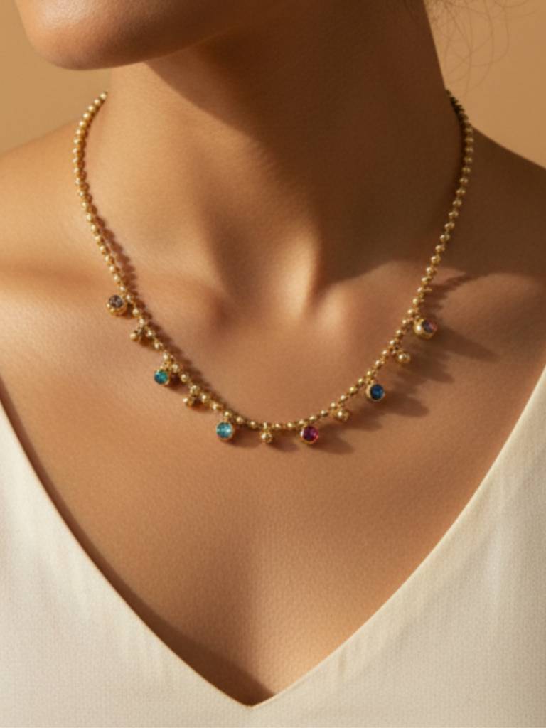 Anti-Tarnish Multicolor Beaded Stone Chain | 18K Gold Cz Jewelry : ATC648MBN