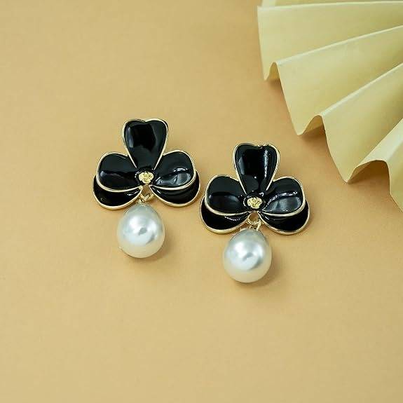 Black Clover Pearl Drop Anti Tarnish Earrings For Women : HSPS60MB1059