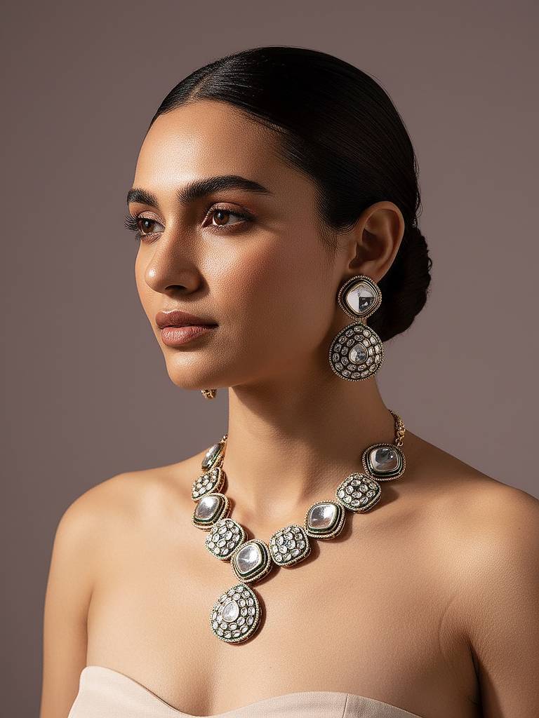 Gold Antique Kundan Jadau Uncut Polki  Statement Jewellery Set : SJNK2901