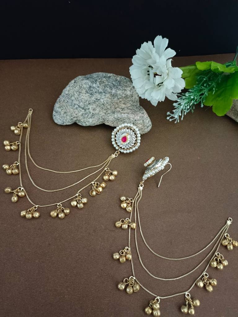 Traditional Gold-Tone Ear Chains (Kaan Chain) With Pachi Kundan Studs And Ghungroo Dangles : VS105329
