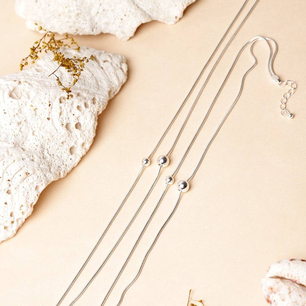 Double String Bead Rhodium Plated 925 Sterling Silver Chain Anklet : ANK-60190-PAIR