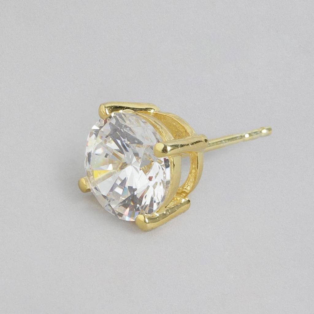 Dazzling Solitude Gold-Plated 925 Sterling Silver Stud Earrings : EAR-20047-G