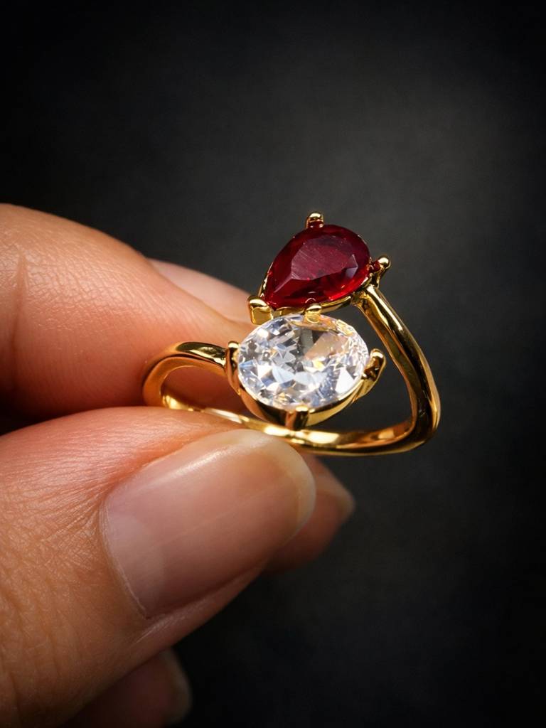 Red Ruby & White Cz Open Adjustable Gold Ring For Women : ATR853RMOS