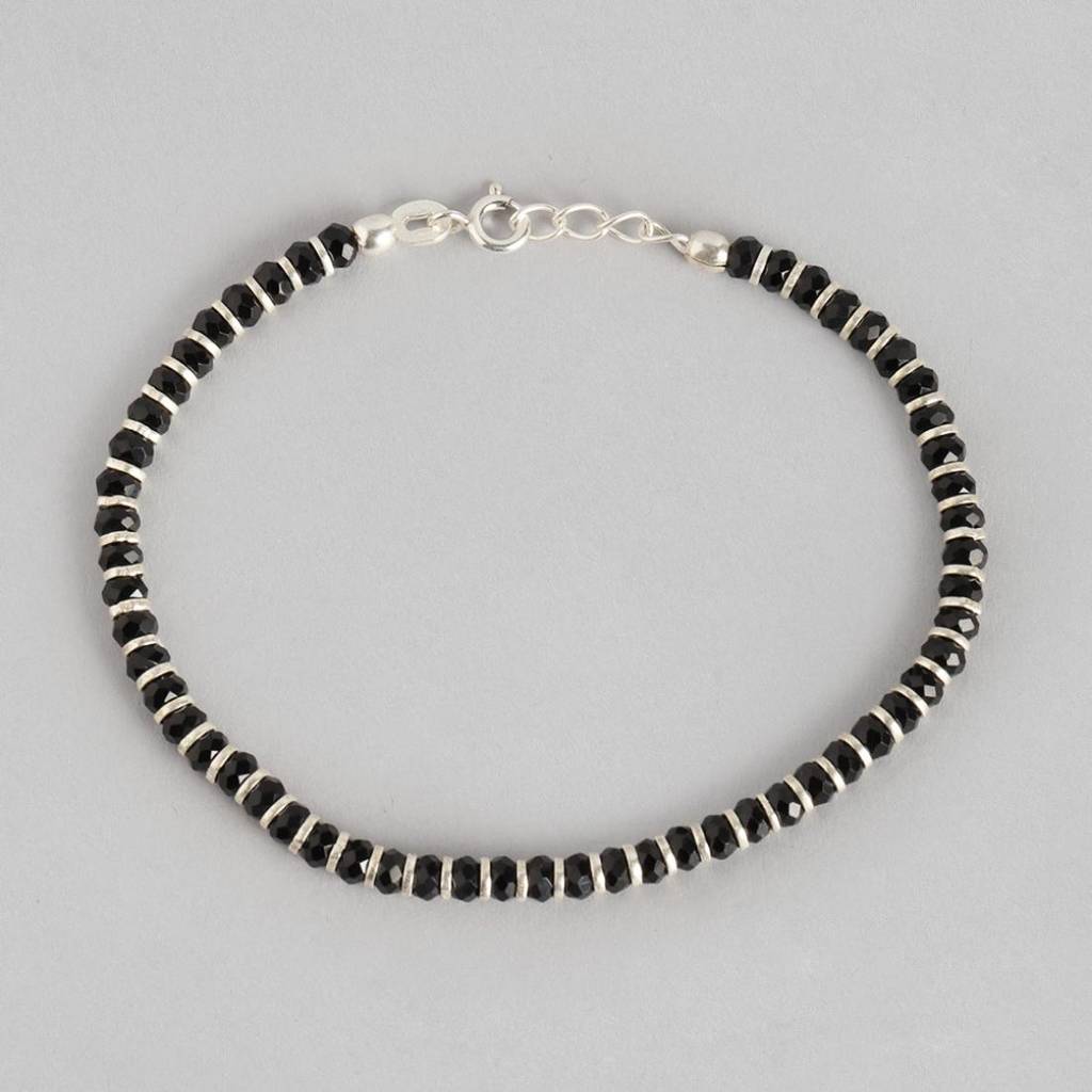 Black Bead Charm 925 Silver Bracelet In Silver Chain : BR-80064