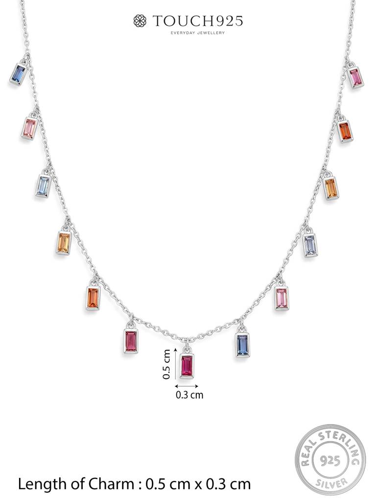 925 Silver Necklace With Multicolor Baguette Cubic Zirconia Drops. A Refined Silver Necklace For Women Designed To  : DXNC1893