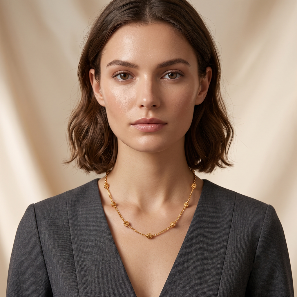 Gold Plated Brass Beaded Station Chain Necklace : SCDELNL0468