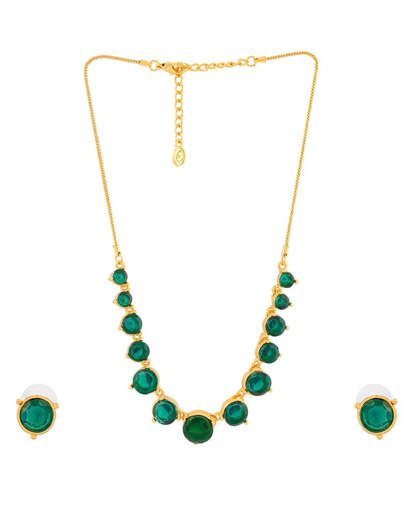 Estele Gold Plated Sparkling Necklace Set With Green Austrian Crystals : 9053-BGGNNKER