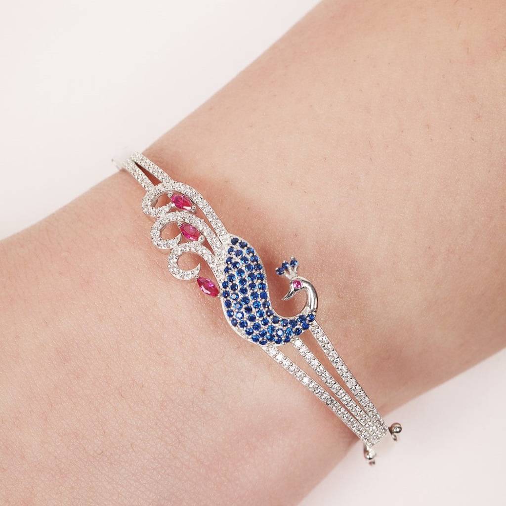 Regal Plumage Rhodium-Plated 925 Sterling Silver Peacock Bracelet : BR-80350-R