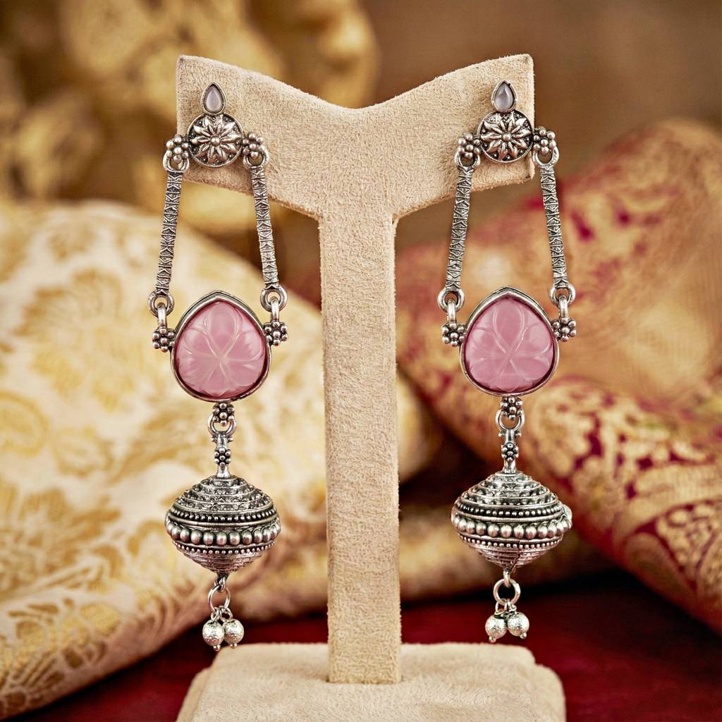Trendy Celebrity Inspired Oxidised Stone Long Dangler Earrings : 370-KEG-13541-PK-S