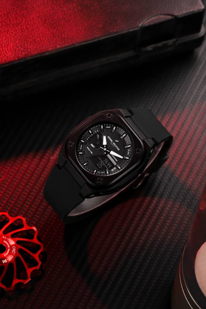 Paris Tech Collection Analog-Digital Sports Watch For Men – Black Dial, Silicone Strap, World Time & Countdown Ti : DHM1071-01