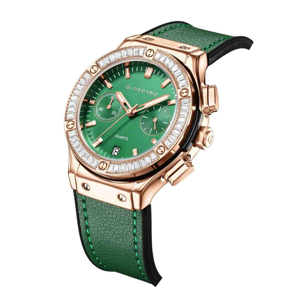 Giordano Analog Watch For Women Â Round Dial, Leather Strap, Crystal-Studded Bezel With Quartz Movement : GZ-60093-07