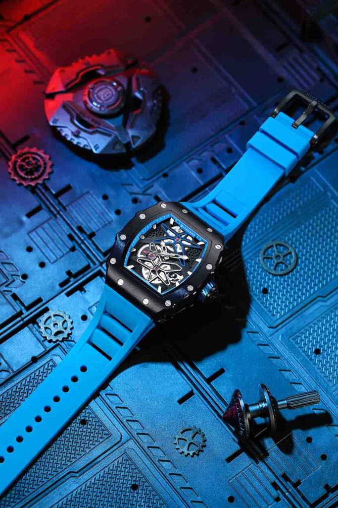 Giordano Analog Skeleton Dial Watch For Men Â Tonneau Case, Silicone Strap, Open-Gear Sport Design, Quartz Mov : GZ-50188-77
