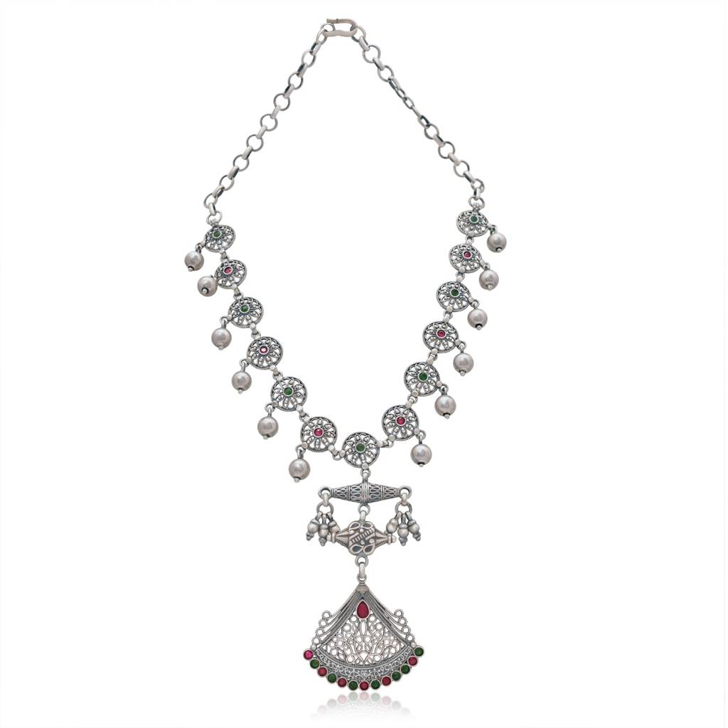 925 Pure Silver Antique Elegant Necklace | Oxidized Silver Long Coin Necklace : NL1025A