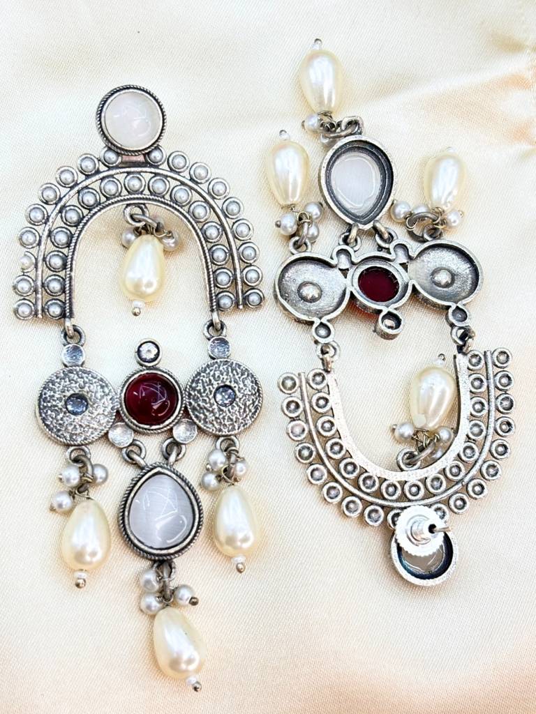 Silver Plated Oxidised Stone & Pearl Embellished Statement Chandbali Earrings : VI26EROX100338