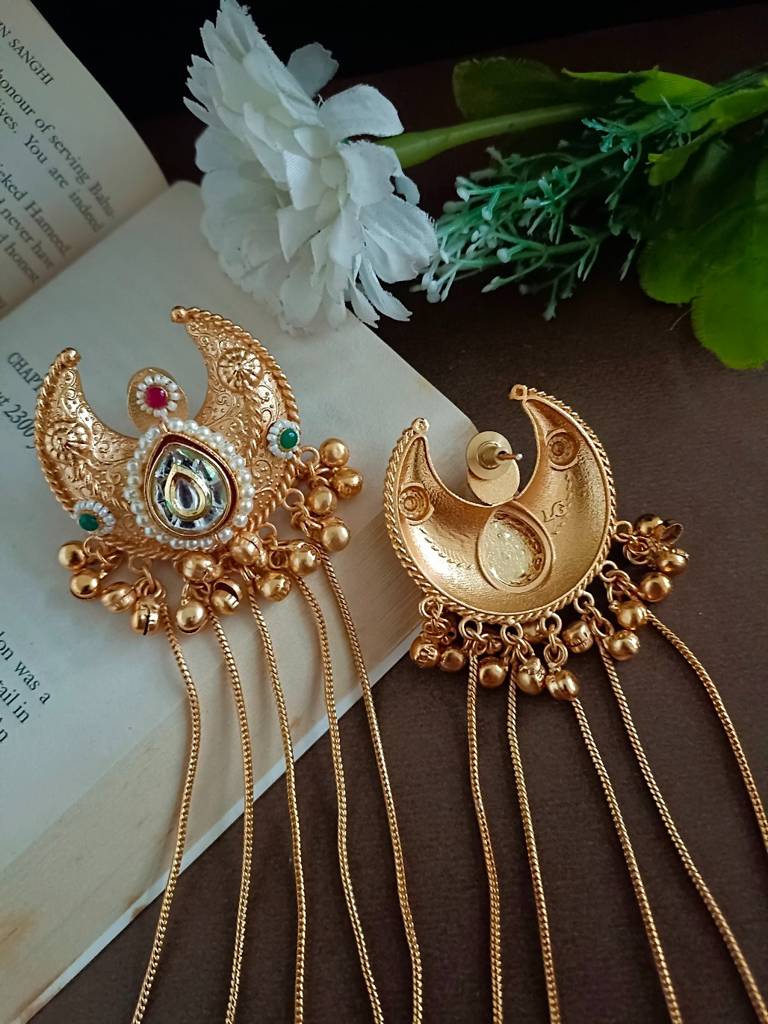 Gold Plated Pachi Kundan & Ghungaroo Bedded Kashmiri Crescent Shaped Drop Earrings : VS105313