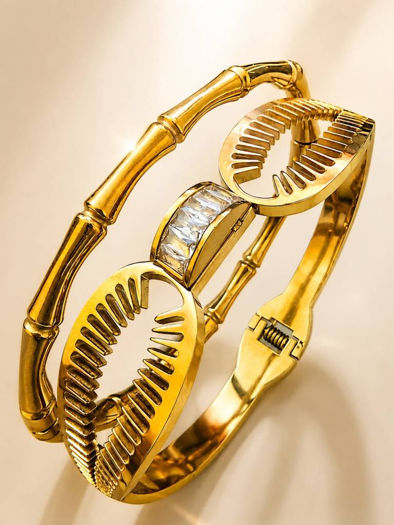 Gold Cowrie Shell & Bamboo Bangles Set -18K Gold Plated Stainless Steel Stackable Bracelets : CBR009GCS