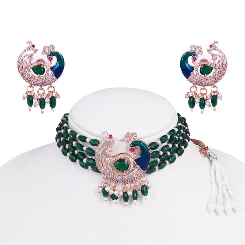 Traditional Peacock Design Cz Stone Beaded Choker Set : AD-935-RGGNNKER