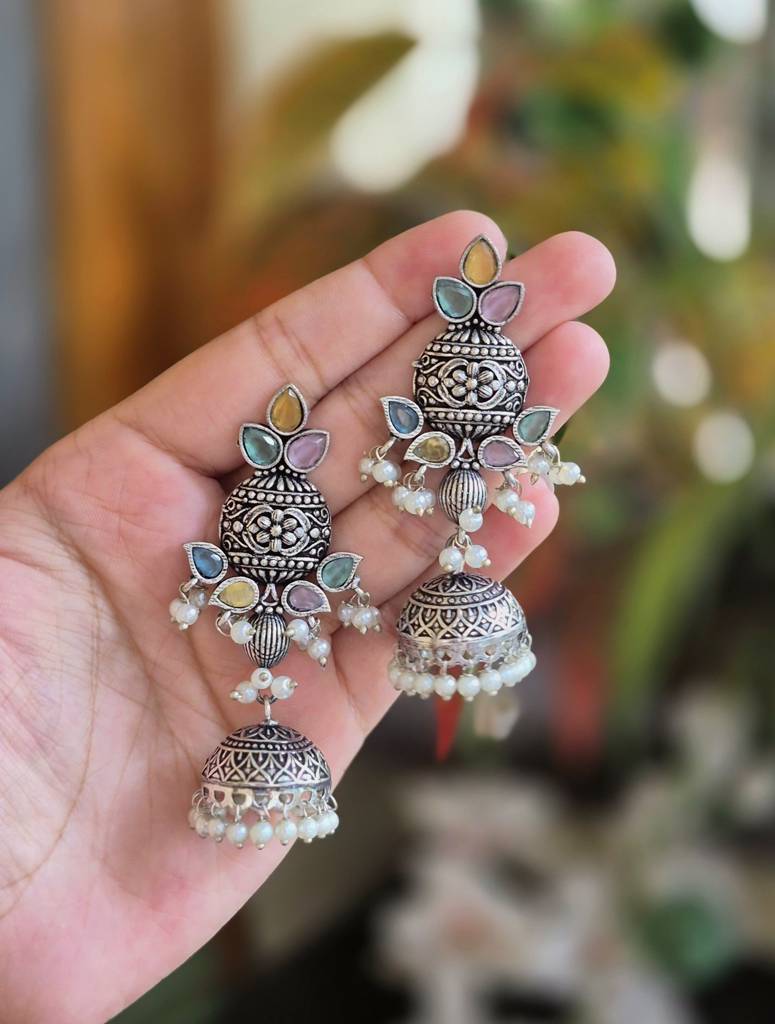 Oxidised Silver Aqua & Ruby Pearl Jhumkas : NA_ST_ER_231_3