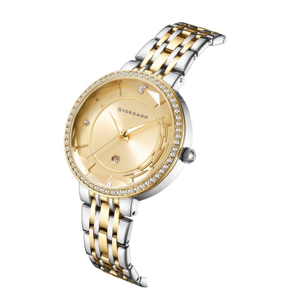 Giordano Stylish Analog Watch For Women – Round Cut Glass Dial,Diamond Studed Bezel, Stainess Steel Strap And Da : GZ-60110-33