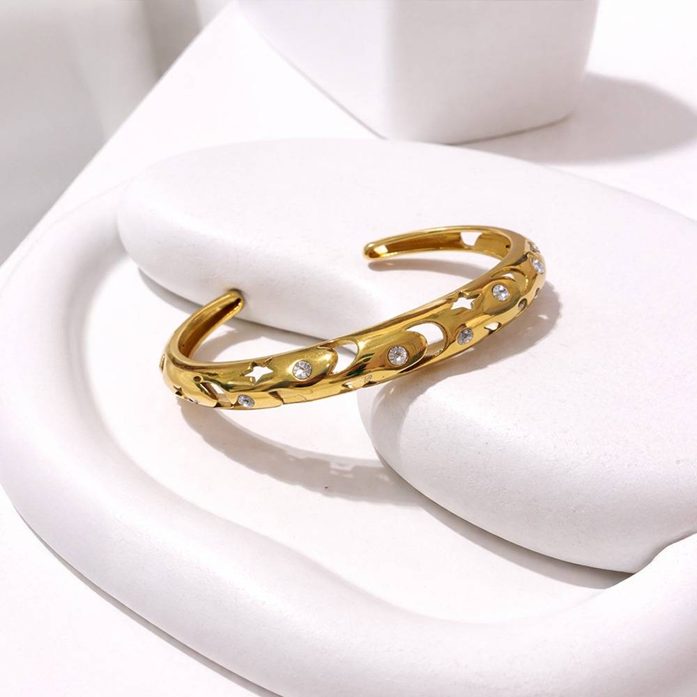 Gold-Plated Crystal Studded Celestial Cutwork Cuff Bracelet : 101049