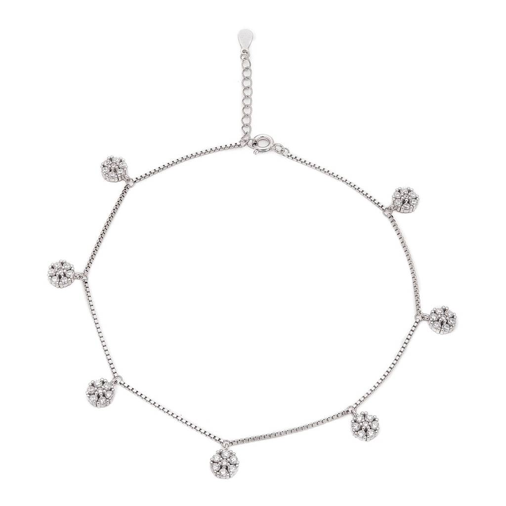 Floral Cz Rhodium Plated 925 Sterling Silver Anklet : ANK-60371-PAIR-R