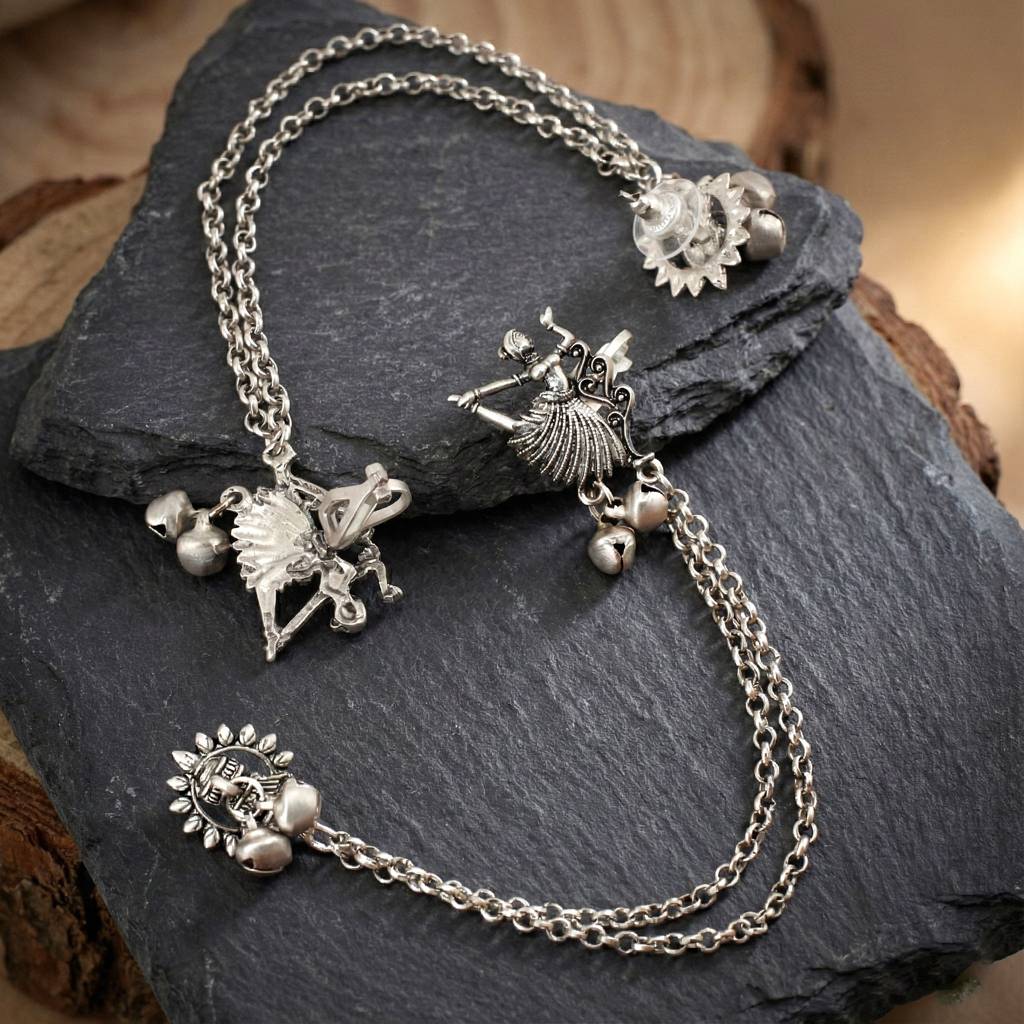 Oxidised Silver Leaf Floral Ear Cuff With Ghungroo Chain Drop Earrings : 258-KK2O-10672