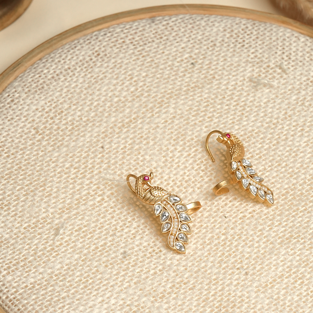 Designer White Kundan Peacock Earcuffs : CAO0196STM