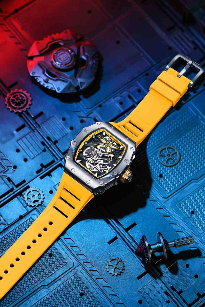 Giordano Analog Skeleton Dial Watch For Men Â Tonneau Case, Silicone Strap, Open-Gear Sport Design, Quartz Mov : GZ-50188-44